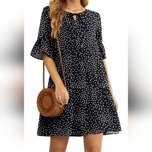 2/$30 Women's Black With White Polkadot Print Tunic Dress With Flutter Sleeves